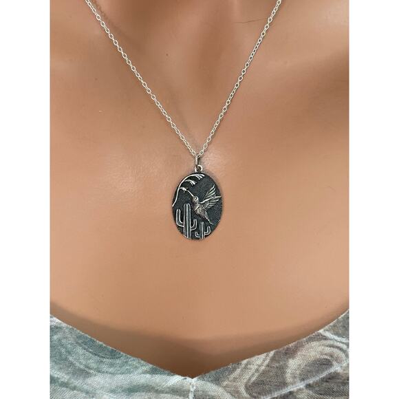 Jewelry - Sterling Silver Humming Bird and Cactus Pendant Necklace